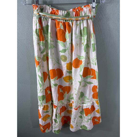 Linen Midi Skirt Rachel Zoe Women Size XL Multicolor Blend Belted Fruit Floral - Picture 2 of 9